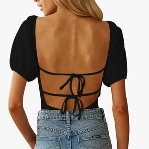 Backless Puff Sleeve Square Neck Tie Back Bodysuit Top size large
